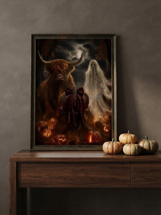 Halloween Wall Art Print | Highland Cow and Ghost Gothic Decor