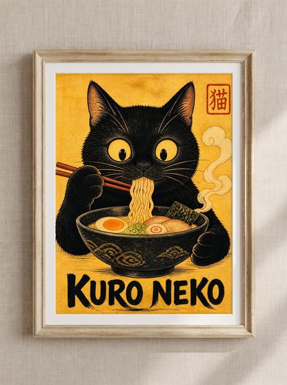 Funny Black Cat Wall Art | Ramen Kitchen Poster