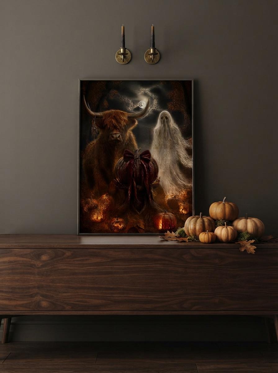 Halloween Wall Art Print | Highland Cow and Ghost Gothic Decor