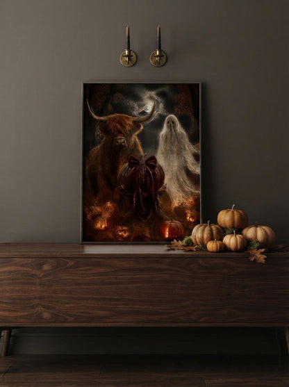 Halloween Wall Art Print | Highland Cow and Ghost Gothic Decor