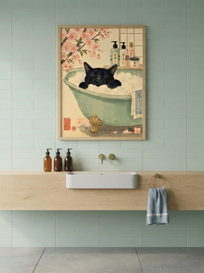 Japanese Black Cat Wall Art | Ukiyo-E Bathroom Print
