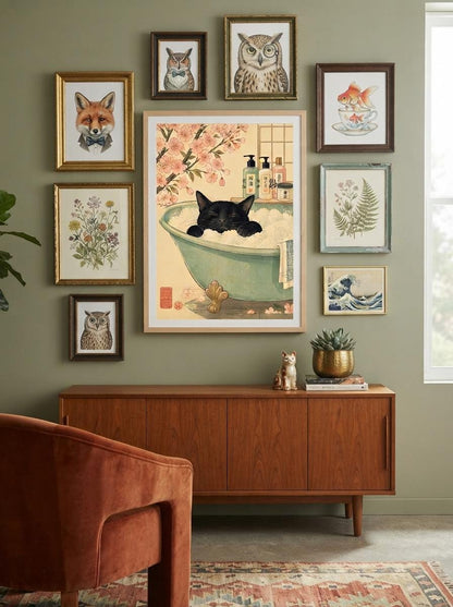 Japanese Black Cat Wall Art | Ukiyo-E Bathroom Print