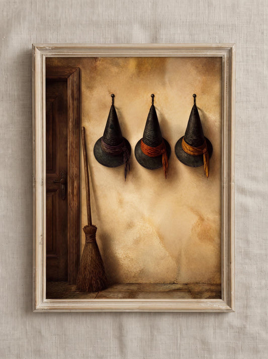 Vintage Witch Hats Wall Art | Moody Halloween Broom Print