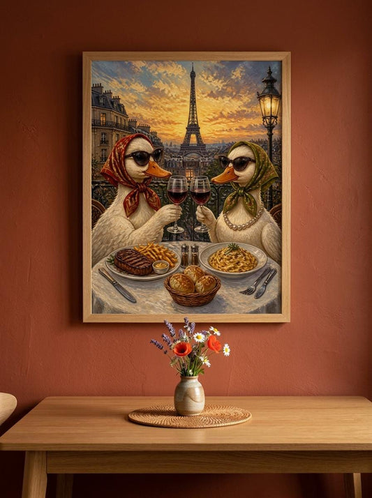 Parisian Duck Date Wall Art | Eiffel Tower Dinner Painting