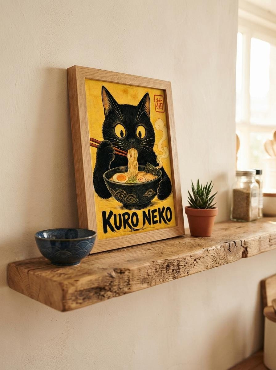 Funny Black Cat Wall Art | Ramen Kitchen Poster