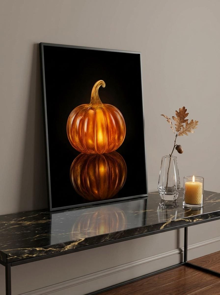 Glow Amber Glass Pumpkin Wall Art | Luxury Moody Fall Still Life Print
