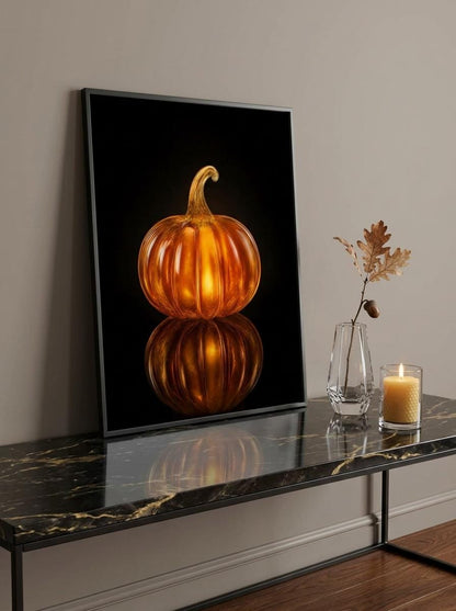 Glow Amber Glass Pumpkin Wall Art | Luxury Moody Fall Still Life Print