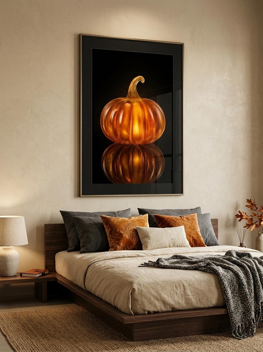 Glow Amber Glass Pumpkin Wall Art | Luxury Moody Fall Still Life Print