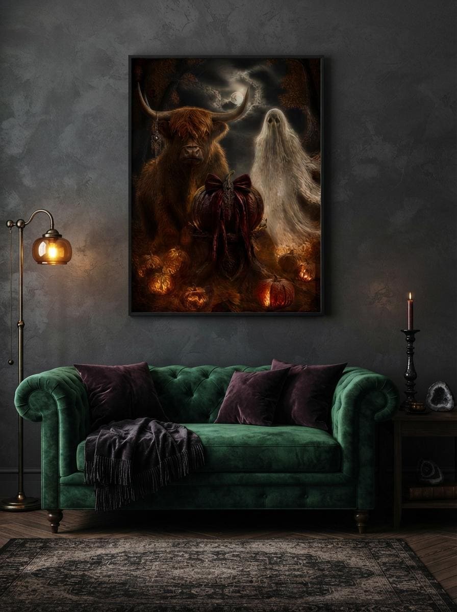 Halloween Wall Art Print | Highland Cow and Ghost Gothic Decor