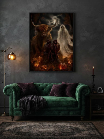 Halloween Wall Art Print | Highland Cow and Ghost Gothic Decor