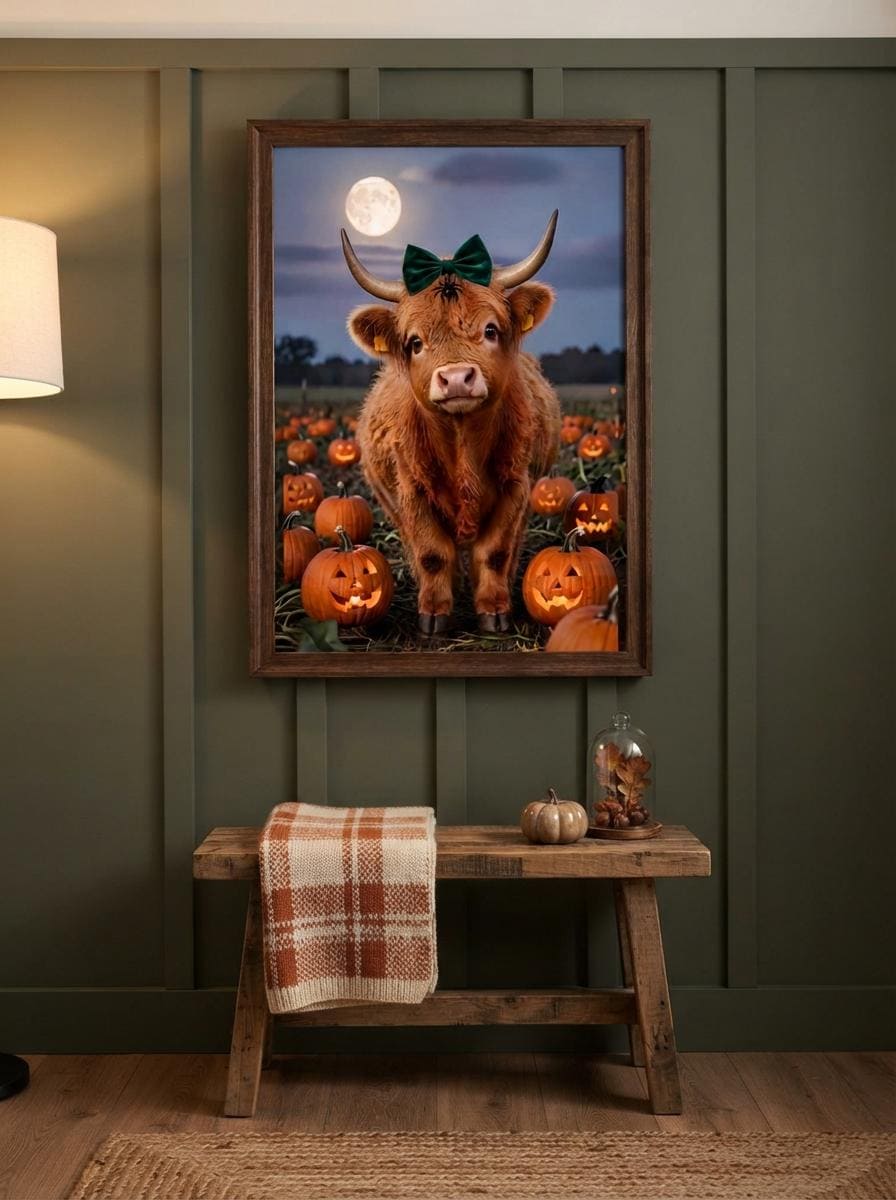 Highland Cow Halloween Wall Art | Spooky Cute Pumpkin Patch Print