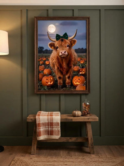 Highland Cow Halloween Wall Art | Spooky Cute Pumpkin Patch Print