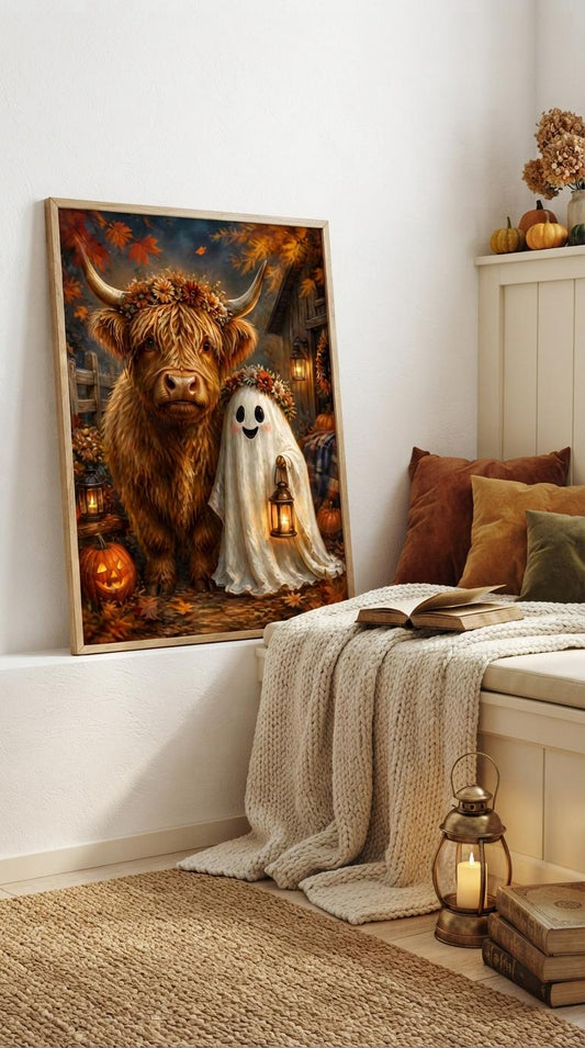 Highland Cow and Ghost Wall Art | Spooky Cute Halloween Printable