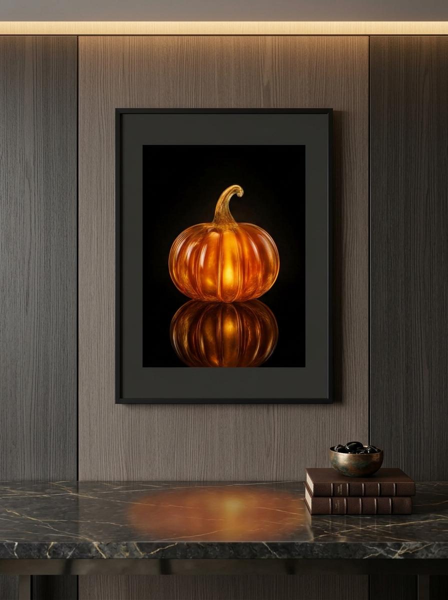 Glow Amber Glass Pumpkin Wall Art | Luxury Moody Fall Still Life Print