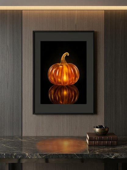 Glow Amber Glass Pumpkin Wall Art | Luxury Moody Fall Still Life Print