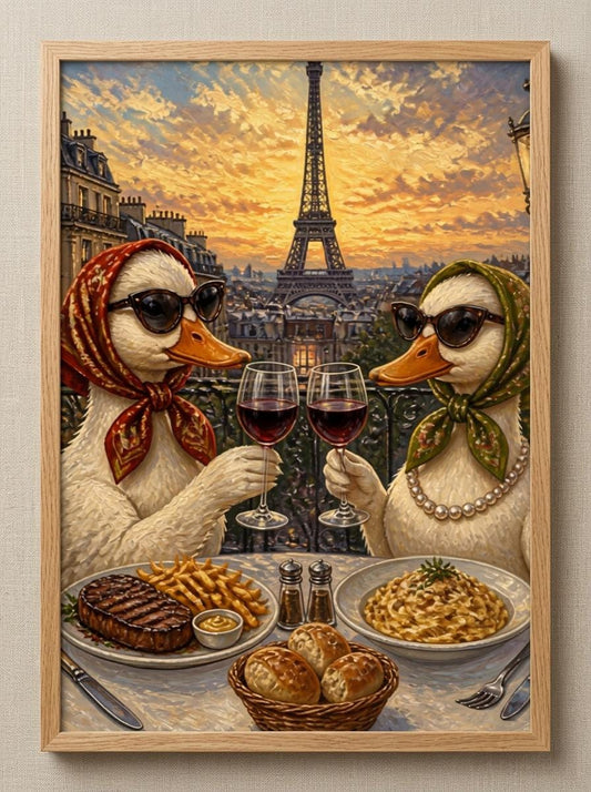 Parisian Duck Date Wall Art | Eiffel Tower Dinner Painting