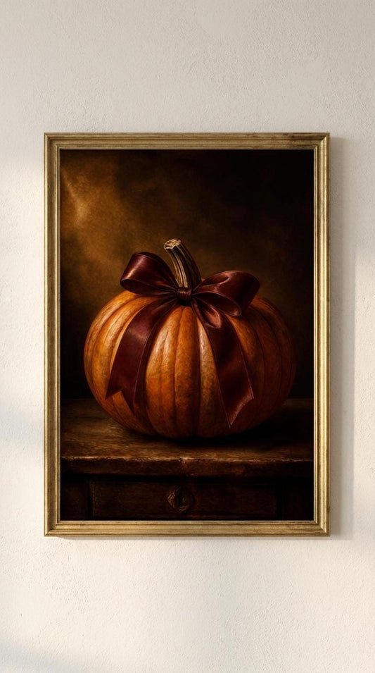 Vintage Pumpkin with Bow Print | Wood Frame Farmhouse Decor