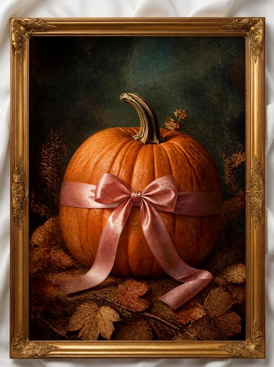 Pink Ribbon Pumpkin Wall Art | Moody Fall Still Life Print