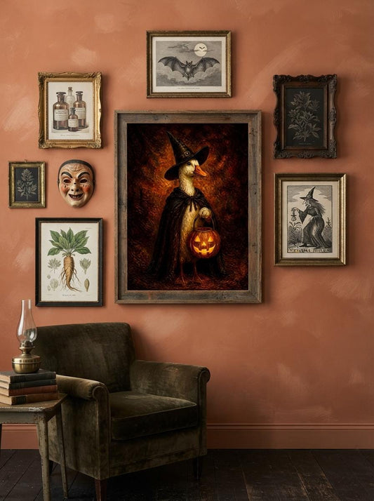 Witch Duck Halloween Wall Art | Spooky Season Oil Painting Poster