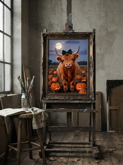 Highland Cow Halloween Wall Art | Spooky Cute Pumpkin Patch Print