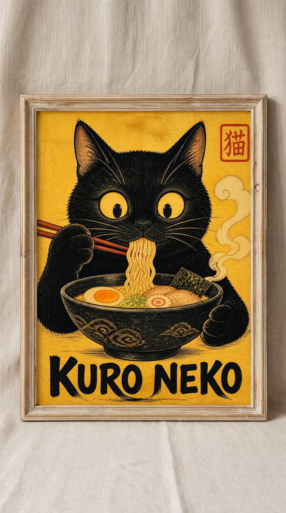 Funny Black Cat Wall Art | Ramen Kitchen Poster