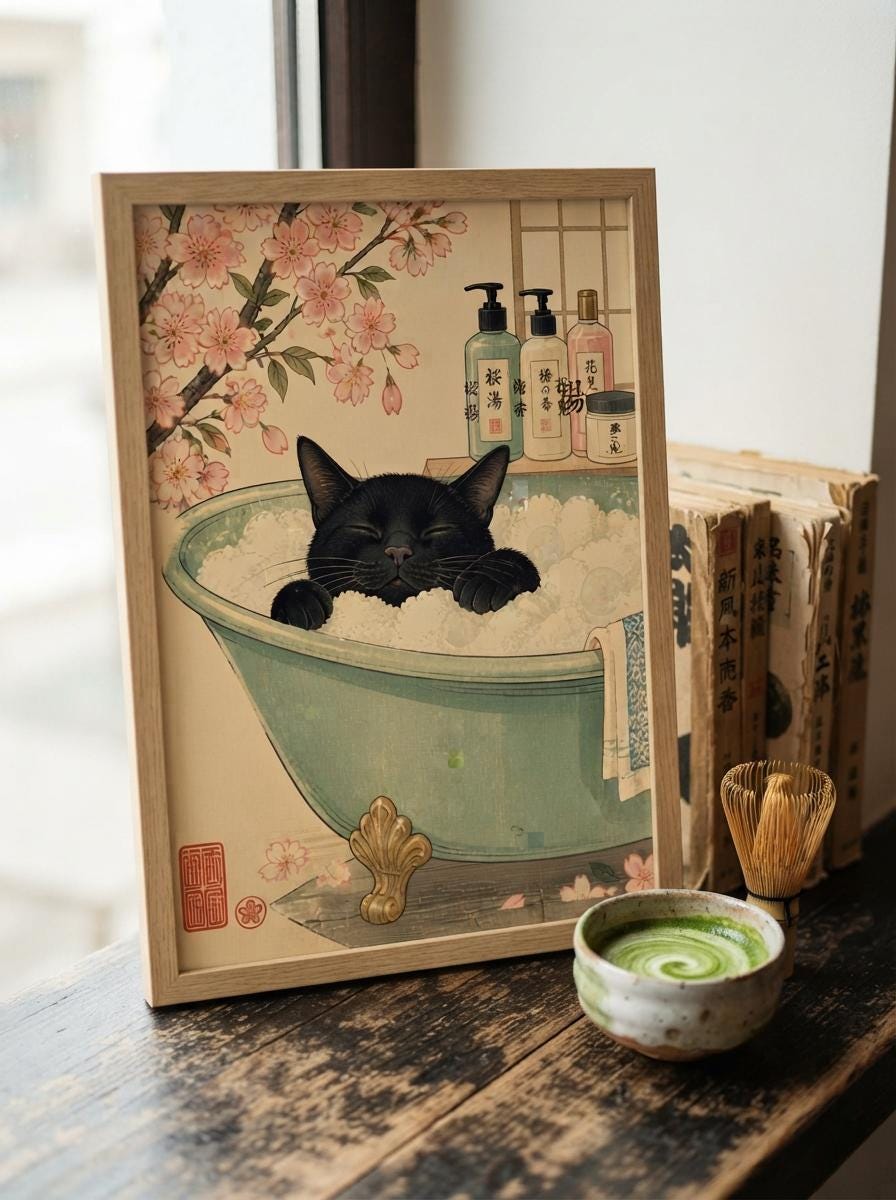 Japanese Black Cat Wall Art | Ukiyo-E Bathroom Print