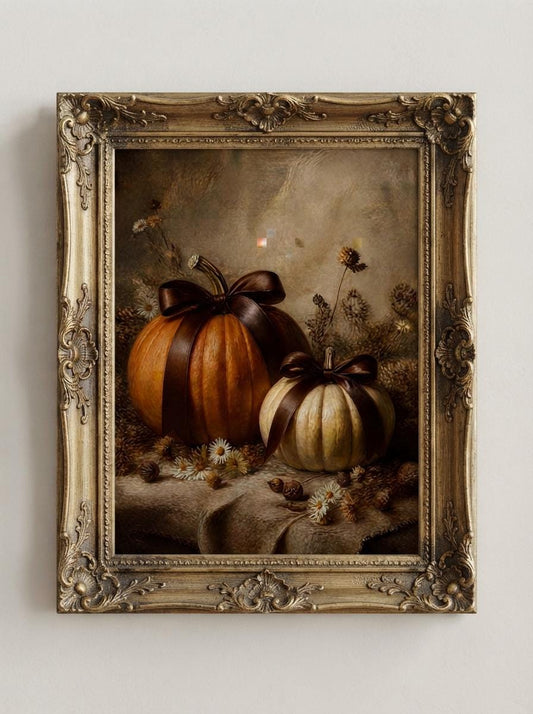 Vintage Pumpkin Still Life Print | Two Pumpkins with Brown Ribbon Bow
