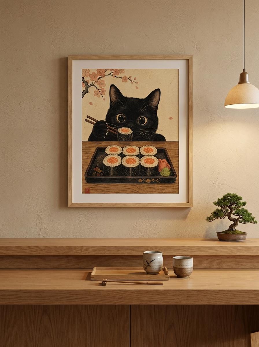 Japanese Cat Wall Art | Ukiyo-E Sushi Print