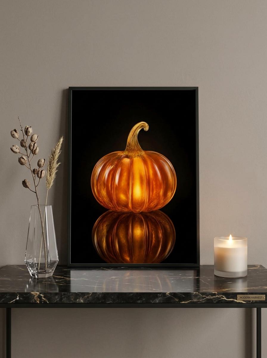 Glow Amber Glass Pumpkin Wall Art | Luxury Moody Fall Still Life Print