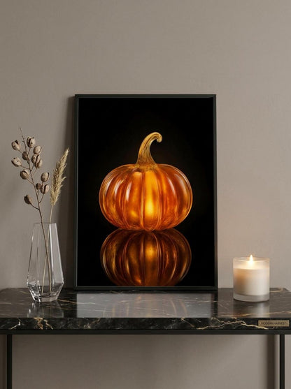 Glow Amber Glass Pumpkin Wall Art | Luxury Moody Fall Still Life Print