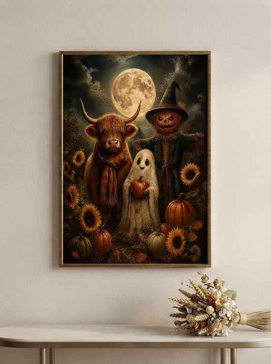 Highland Cow Ghost Scarecrow Wall Art | Moody Autumn Farmhouse Print