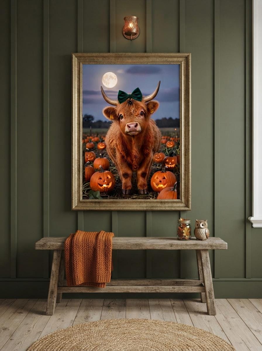 Highland Cow Halloween Wall Art | Spooky Cute Pumpkin Patch Print