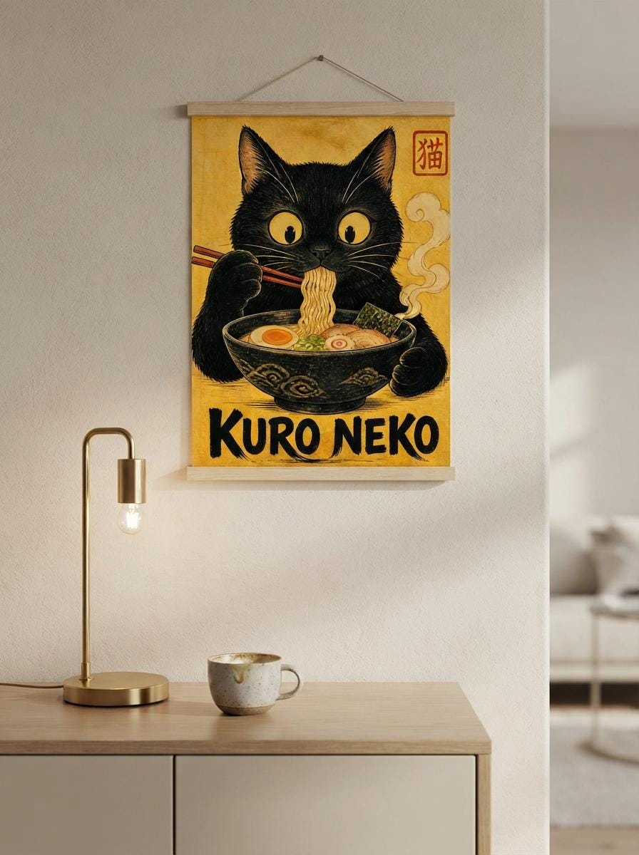 Funny Black Cat Wall Art | Ramen Kitchen Poster