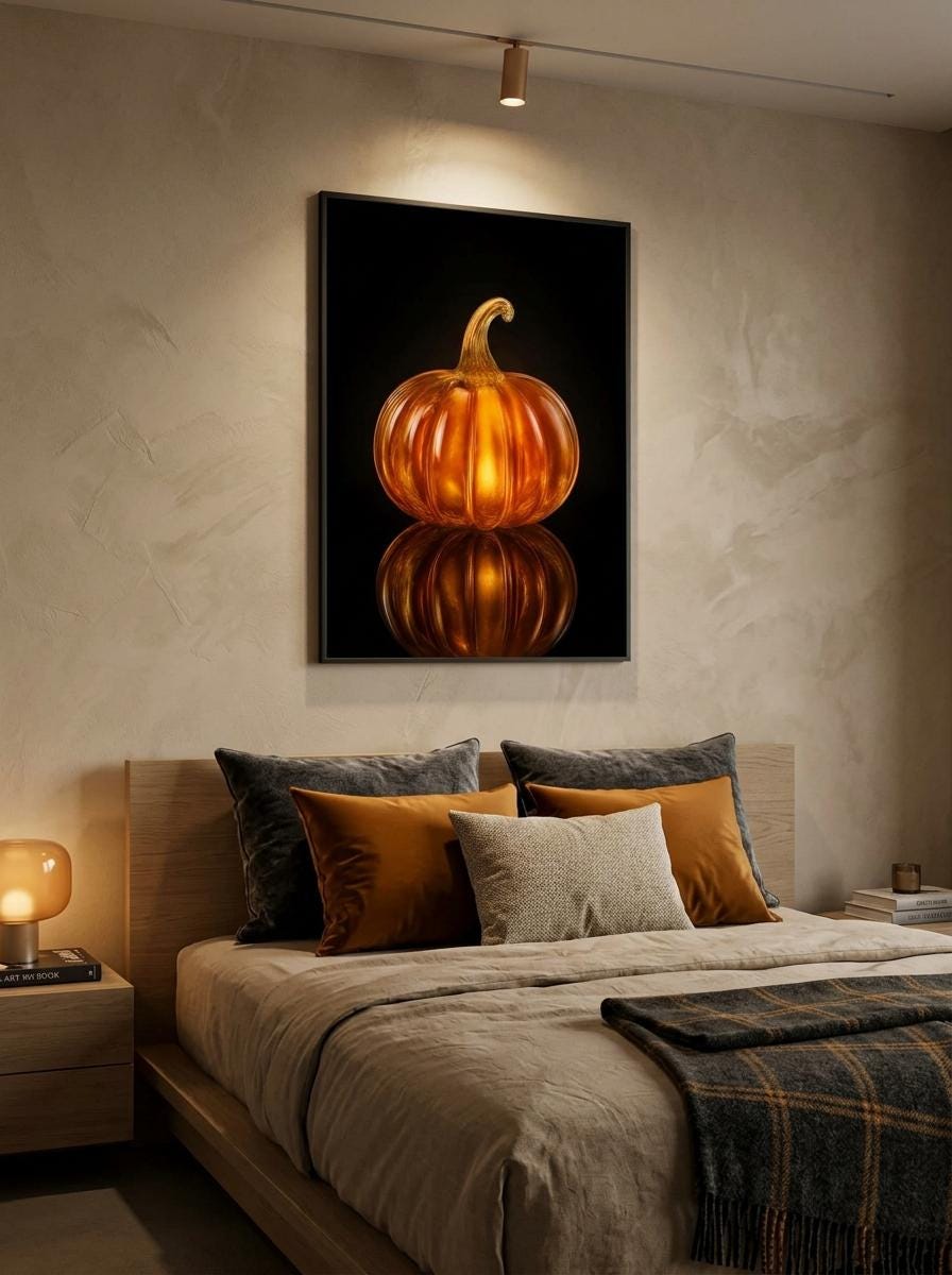 Glow Amber Glass Pumpkin Wall Art | Luxury Moody Fall Still Life Print
