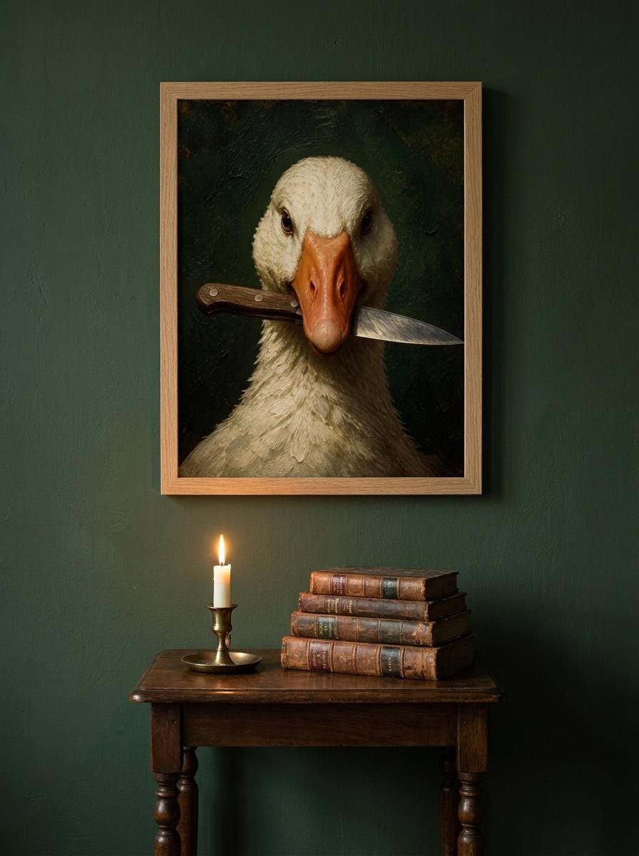Funny Goose with a Knife Wall Art | Impasto Oil Painting Poster