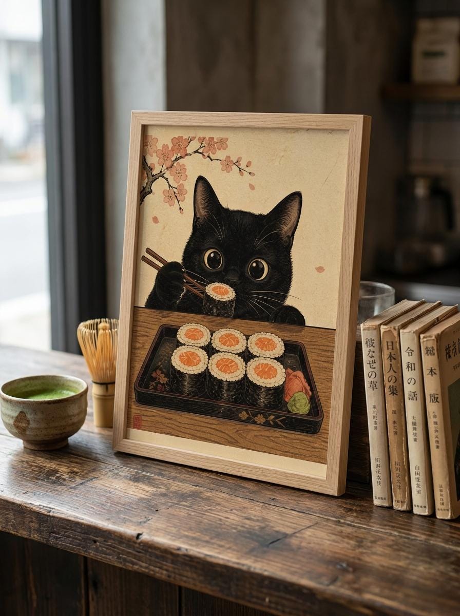 Japanese Cat Wall Art | Ukiyo-E Sushi Print