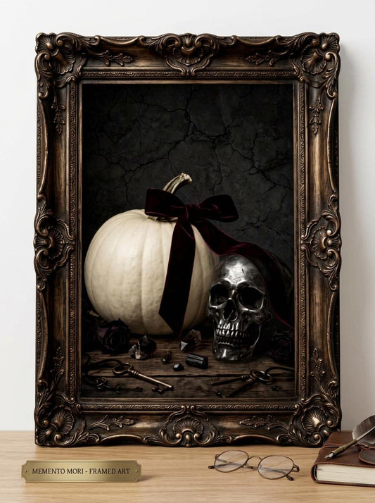 Gothic Pumpkin & Skull Wall Art | Victorian Halloween Still Life Print