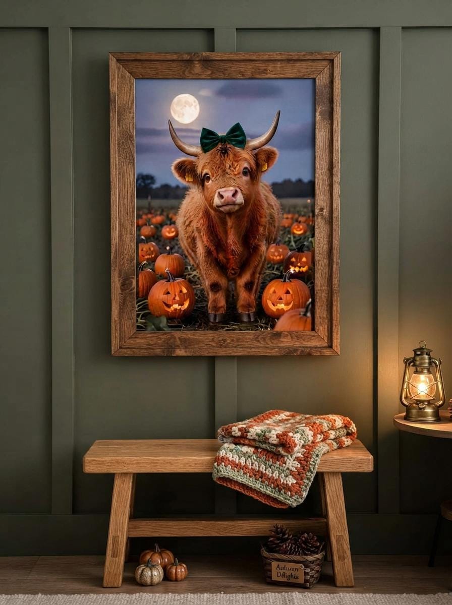 Highland Cow Halloween Wall Art | Spooky Cute Pumpkin Patch Print
