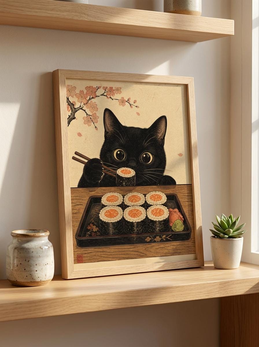 Japanese Cat Wall Art | Ukiyo-E Sushi Print