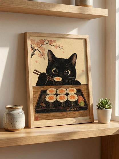 Japanese Cat Wall Art | Ukiyo-E Sushi Print