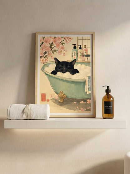 Japanese Black Cat Wall Art | Ukiyo-E Bathroom Print