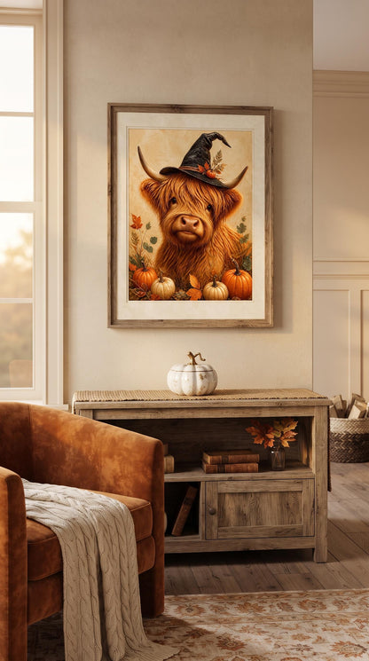 Highland Cow Witch Printable Wall Art | Cute Halloween Farmhouse Decor