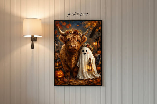 Highland Cow and Ghost Wall Art | Spooky Cute Halloween Printable