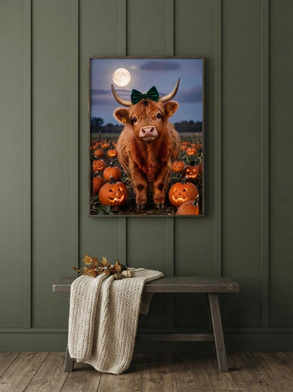 Highland Cow Halloween Wall Art | Spooky Cute Pumpkin Patch Print