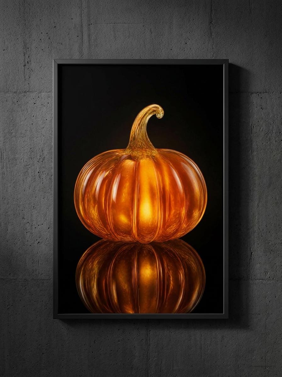 Glow Amber Glass Pumpkin Wall Art | Luxury Moody Fall Still Life Print