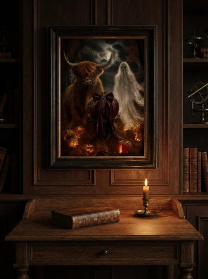 Halloween Wall Art Print | Highland Cow and Ghost Gothic Decor