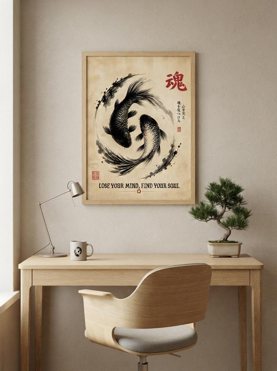 Japanese Koi Fish Wall Art | Yin Yang Fish Print