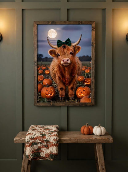 Highland Cow Halloween Wall Art | Spooky Cute Pumpkin Patch Print