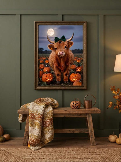 Highland Cow Halloween Wall Art | Spooky Cute Pumpkin Patch Print