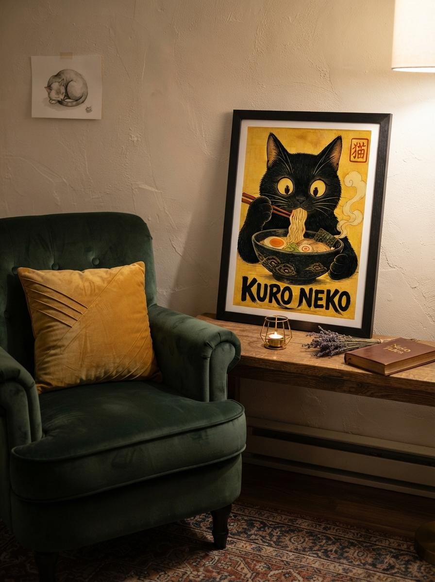 Funny Black Cat Wall Art | Ramen Kitchen Poster